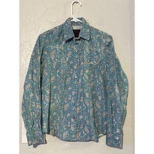 Cowgirl Legend Shirt Womens Medium Teal Western Pearl Snap Cotton
